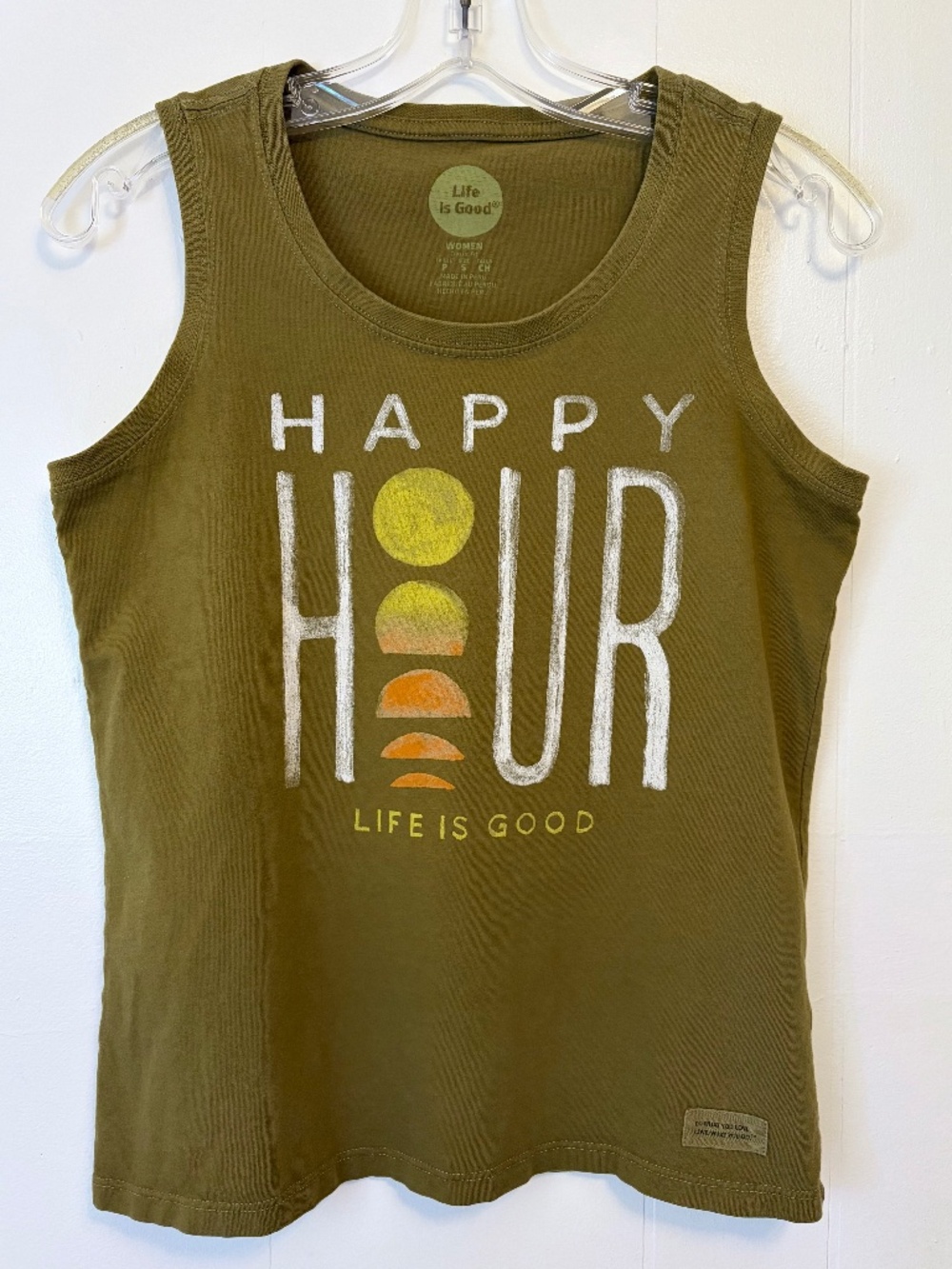 Olive Green LIFE IS GOOD Happy Hour Tank Top